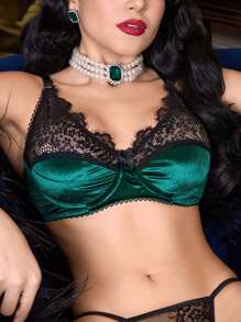 PinupGlam 1pc Lace Patchwork Underwired Brassiere For Women