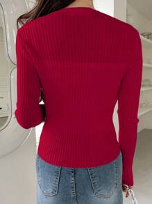 DAZY 女士春秋纯色长袖单排扣短款休闲开衫，秋季女装 - 酒紅色 - 查看 2