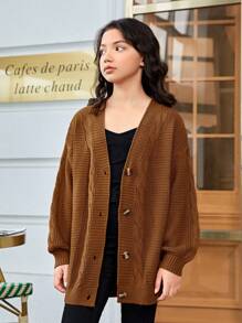 SHEIN Cardigan ample et décontracté à manches longues et épaules tombantes de couleur unie pour jeune fille, automne/hiver