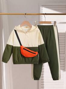 3pcs/Set Young Boy Colorblock Oversized Hoodie Sweatshirt With Loose Side Stripe Pants And Detachable Suspenders, Suitable For Casual, Sports Wear And Outdoor Activities - Multicolor - View 1