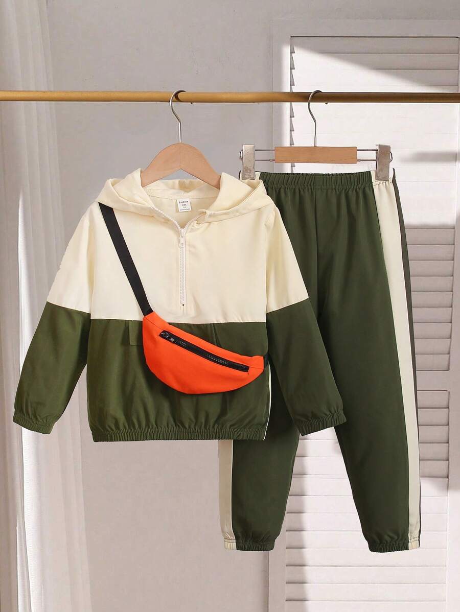 3pcs/Set Young Boy Colorblock Oversized Hoodie Sweatshirt With Loose Side Stripe Pants And Detachable Suspenders, Suitable For Casual, Sports Wear And Outdoor Activities - Multicolor - View 1