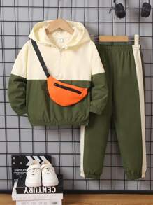 3pcs/Set Young Boy Colorblock Oversized Hoodie Sweatshirt With Loose Side Stripe Pants And Detachable Suspenders, Suitable For Casual, Sports Wear And Outdoor Activities - Multicolor - View 3