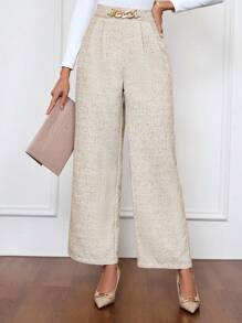 SHEIN Clasi Women's Elegant Loose Wide Leg Pants With Waist Chain Decor, For Commute Business Casual Women - Apricot - View 1