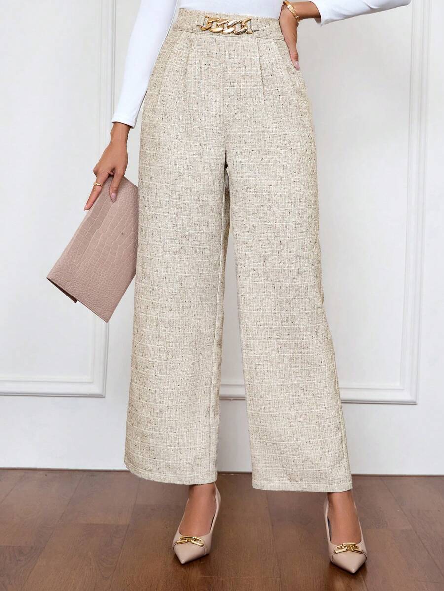 SHEIN Clasi Women's Elegant Loose Wide Leg Pants With Waist Chain Decor, For Commute Business Casual Women - Apricot - View 1