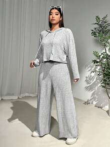 SHEIN EZwear 2 件大码女士休闲灰色运动服套装，秋冬 - 灰色 - 查看 6