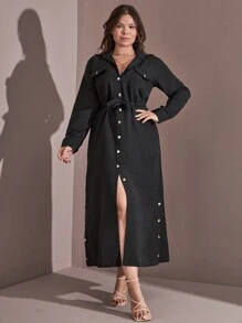 RueChic 女式加大翻领前扣和边缘系带黑色连衣裙