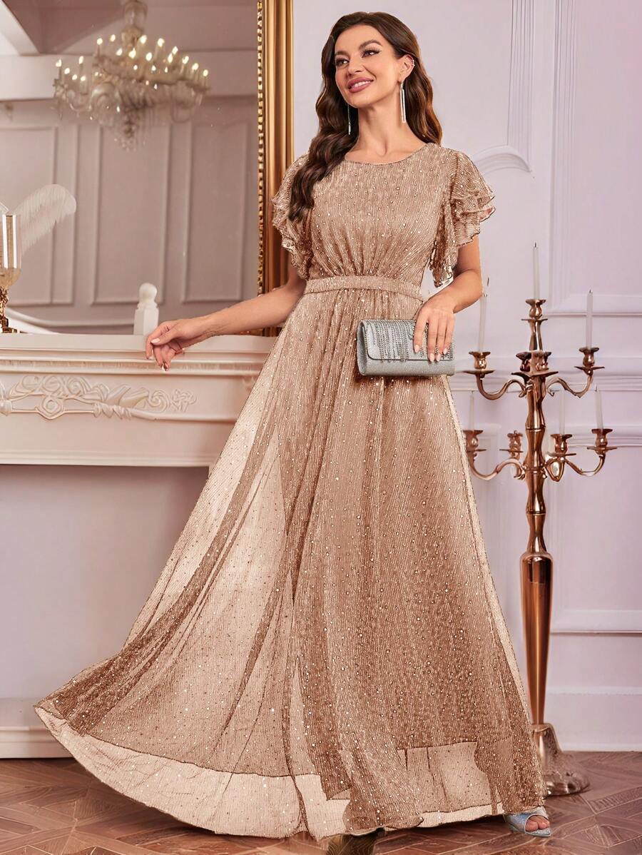 SHEIN Belle Elegante y glamuroso vestido largo de lentejuelas de mujer con cuello redondo, manga corta de volante - Rosa vieja - Ver 1