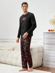Bộ đồ ngủ tay dài cổ tròn in hình môi cho nam và quần - Nhiều màu - Xem 6