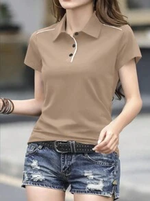 INAWLY 女士撞色印花短袖简约 T 恤 - 卡其色 - 查看 4