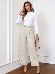 SHEIN Clasi Women's Elegant Loose Wide Leg Pants With Waist Chain Decor, For Commute Business Casual Women - Apricot - View 4