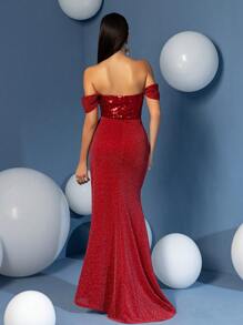 紧身露肩荷叶边亮片露肩舞会礼服 - 紅色 - 查看 2