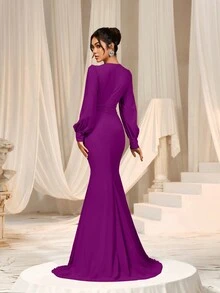 Faeriesty Women Elegant Elegant Cross-Over V-Neck Lantern Sleeve Mermaid Hem Dress - Sophisticated Timeless Design For Spring/Summer Weddings, Galas, Red Carpet Bridesmaid Dress,Summer Holiday Outfits - Purple - View 3