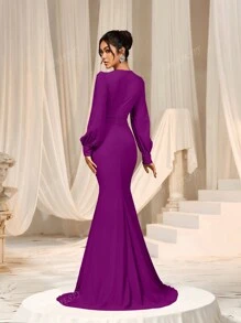 Faeriesty Elegant Cross-Over V-Neck Lantern Sleeve Mermaid Hem Dress - Sophisticated Timeless Design For Spring/Summer Weddings, Galas, Red Carpet Bridesmaid Dress