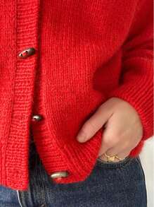 INAWLY 女士纯色落肩长袖宽松休闲开衫，秋冬，女士休闲前扣落肩圆领宽松红色纯色女士开衫，春秋，休闲日常穿着 - 紅色 - 查看 3