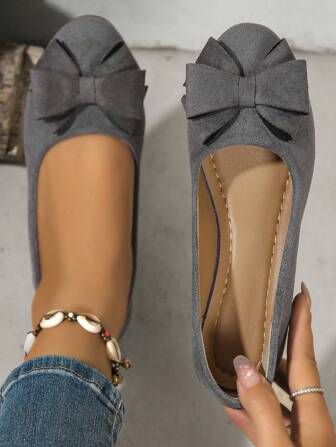 女士蝴蝶结复古优雅仿麂皮休闲圆头低跟平底鞋，纯色一脚蹬乐福鞋