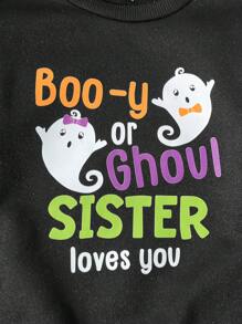 1 件年轻女孩黑色幽灵万圣节图案印花加厚羊毛圆领落肩运动衫，适合秋冬季休闲、派对、外出 - 黑色 - 查看 4