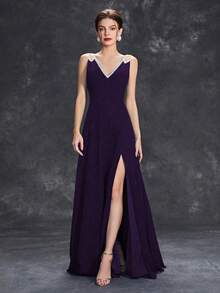 V-Ausschnitt Kleid mit Pailletten-Besatz und A-Linie aus Chiffon - Violett - Übersicht 6