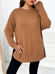 SHEIN LUNE Plus Size Women's Solid Color Crew Neck Long Sleeve Sweater, For Winter Knit Pullover Fall - Khaki - View 4