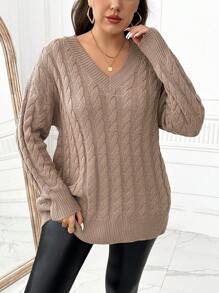 SHEIN LUNE Plus Size Solid V-Neck Casual Long Sleeve Pullover Sweater