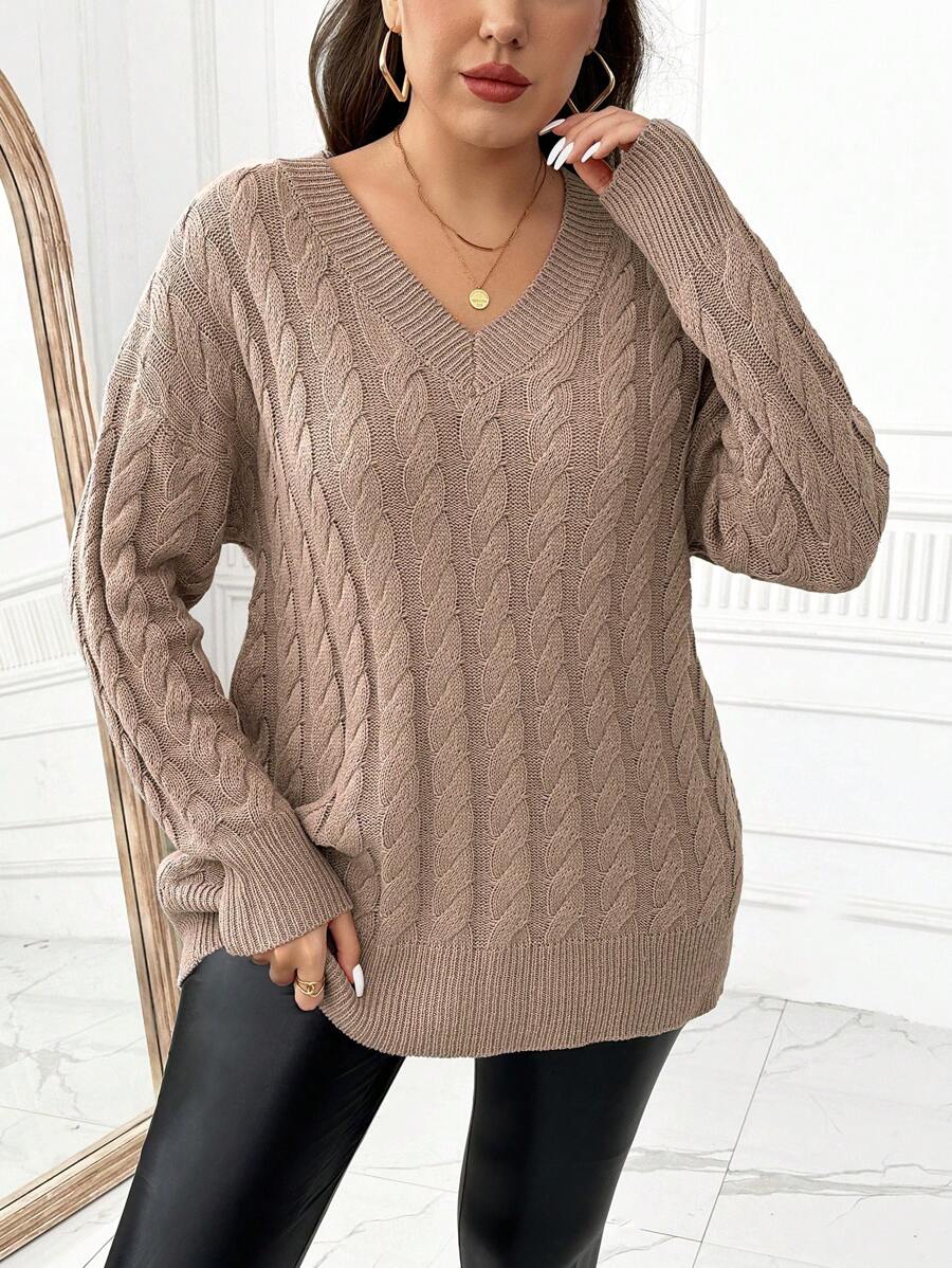 SHEIN LUNE Plus Size Solid V-Neck Casual Long Sleeve Pullover Sweater