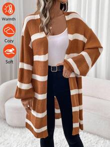 SHEIN LUNE 1 pieza Cárdigan largo beige cálido para mujer, otoño - Caqui - Ver 5