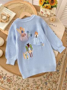 Young Girl New Autumn Winter Knitted Sweater Dress. Unique Solid Blue Color Knitting Technique Showcases Texture And Brings Lively, Cute And Fashionable Vibe. Loose And Mid-Length Silhouette Adds Fashionable Touch. Embroidered Letter Patch On Front Displays Exquisite And Elegant Personalized And Creativity. Skin-Friendly And Comfortable Fabric Suitable For Daily Wear, School, Shopping, Travel, Festivals, Parties Or Street Celebrations. Allows You To Shine As A Fashion Icon And Showcase Your Unique Charm And Sweetness. - Blue - View 1