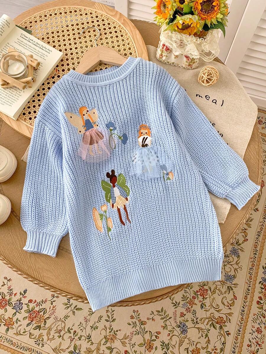 Young Girl New Autumn Winter Knitted Sweater Dress. Unique Solid Blue Color Knitting Technique Showcases Texture And Brings Lively, Cute And Fashionable Vibe. Loose And Mid-Length Silhouette Adds Fashionable Touch. Embroidered Letter Patch On Front Displays Exquisite And Elegant Personalized And Creativity. Skin-Friendly And Comfortable Fabric Suitable For Daily Wear, School, Shopping, Travel, Festivals, Parties Or Street Celebrations. Allows You To Shine As A Fashion Icon And Showcase Your Unique Charm And Sweetness. - Blue - View 1