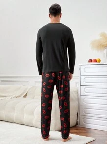 Bộ đồ ngủ tay dài cổ tròn in hình môi cho nam và quần - Nhiều màu - Xem 2