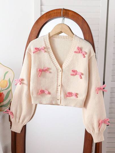 SHEIN كارديجان قطني كاجوال للبنات بتصميم فيونكة جميلة، ناعم وراحة، متعدد الاستخدامات للارتداء اليومي، المدرسة، الخروجات، الحفلات، مناسب للخريف/الشتاء