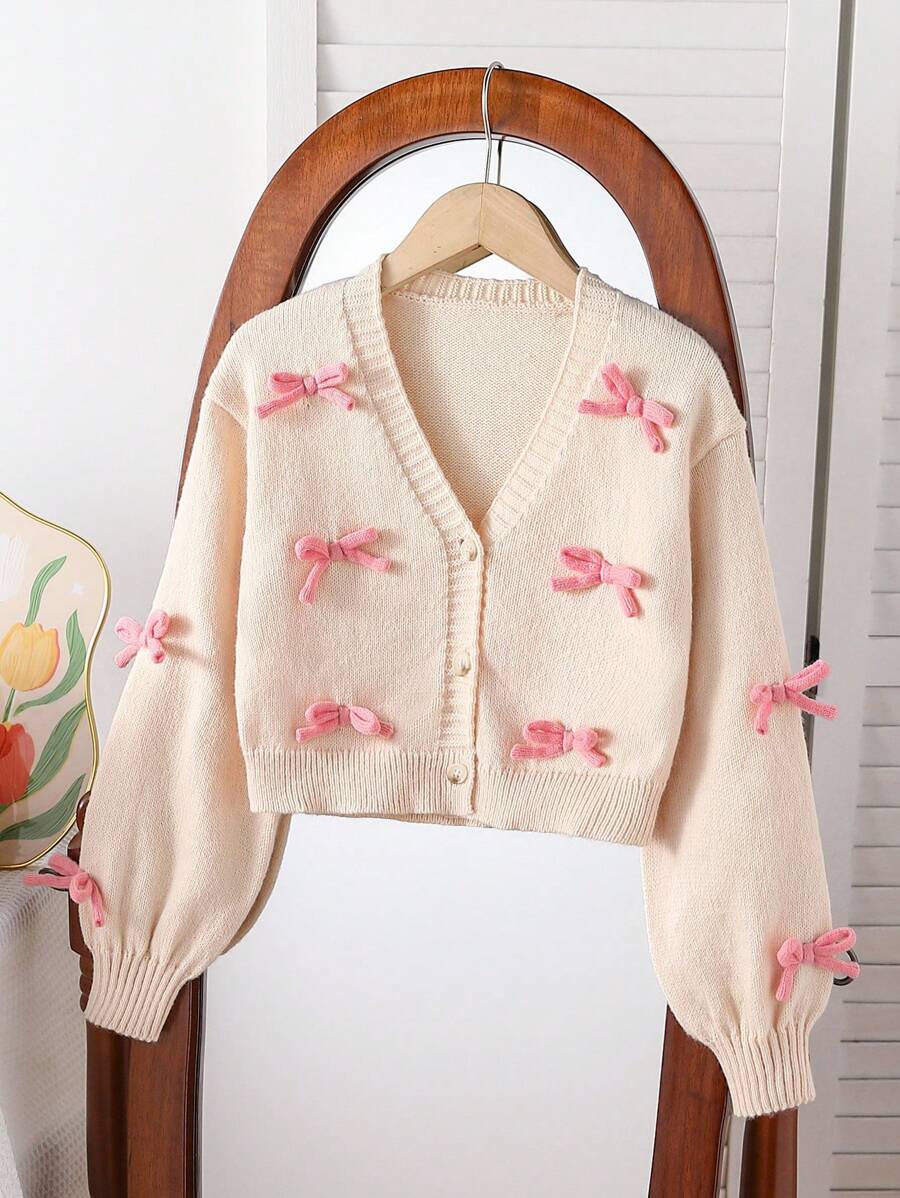 SHEIN 女童休闲卡其色针织开衫，带可爱蝴蝶结装饰，柔软舒适，适合日常穿着、上学、郊游、聚会，适合秋冬季 - 杏色 - 查看 1