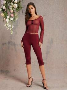 L'Amorae 2 Pcs Sheer Mesh Lettuce Edge Capri Legging Set - Burgundy - View 1