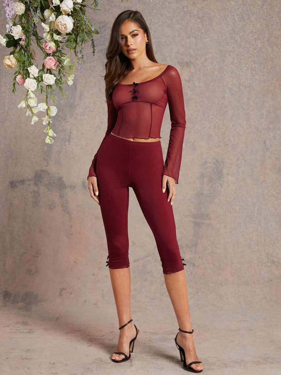 L'Amorae 2 Pcs Sheer Mesh Lettuce Edge Capri Legging Set - Burgundy - View 1