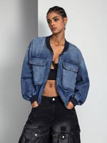 SHEIN ICON Women's Contrast Color Pockets Denim Jacket, Long Sleeve Fall - Dark Wash - View 7