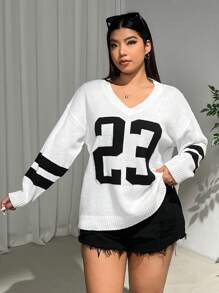 SHEIN EZwear Áo len chui đầu họa tiết thể thao thu đông cỡ lớn 23 cho nữ - trắng - Xem 6