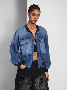 SHEIN ICON Women's Contrast Color Pockets Denim Jacket, Long Sleeve Fall - Dark Wash - View 5