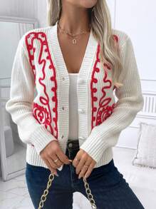 SHEIN LUNE Women's V-Neck Button Front Long Sleeve Casual Comfortable Cardigan Sweater Fall Cloth For Women - White - View 6