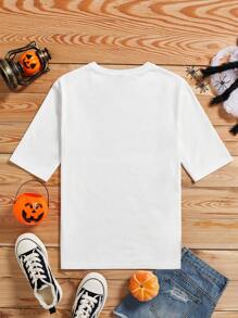 SHEIN EZwear Halloween Cute Ghost & Plaid Bow Print Casual Round Neck Short Sleeve T-Shirt For Women, Summer