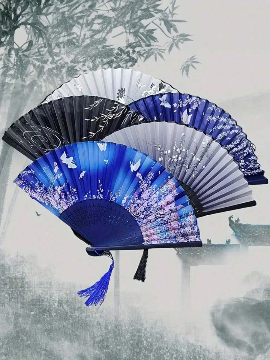 1 pieza, Abanico plegable japonés, estilo chino antiguo, abanico de tela de seda con mango largo mediano, artesanía de regalo, abanico de danza para mujeres