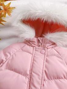 SHEIN 新生婴儿女孩和男孩，男女通用婴儿保暖连帽衫和围兜裤连体服套装，粉色，适合秋冬季户外活动、滑雪 - 粉色 - 查看 4