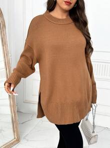 SHEIN LUNE Plus Size Women's Solid Color Crew Neck Long Sleeve Sweater, For Winter Knit Pullover Fall - Khaki - View 7
