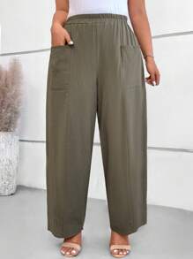 SHEIN VCAY Quần dài thường ngày màu trơn cỡ lớn cho nữ - xanh quân đội - Xem 3