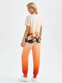 TaskEZ Women's Clothing Scrub Suit Set, Floral Print V-Neck Pockets Scrub Top & Gradient Print Jogger Scrub Pants Outfits For Nurse 2 Scrub Sets