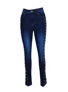 女士弹力仿珍珠装饰口袋修身牛仔裤，休闲春季款 - 深色水洗藍 - 查看 4