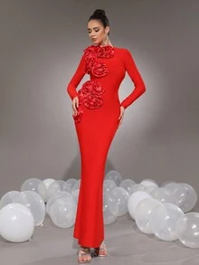 Modphy New 3D Floral Decor Mermaid Maxi Bandage Dress, Bodycon Formal Party Gown For Wedding Bridesmaids, Ladies Evening Dress Eid Al Fitr Dress - Red - View 6