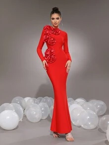 Modphy New 3D Floral Decor Mermaid Maxi Bandage Dress, Bodycon Formal Party Gown For Wedding Bridesmaids, Ladies Evening Dress Eid Al Fitr Dress - Red - View 3