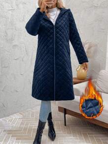 SHEIN Clasi Abrigo acolchado con capucha de moda para mujer, para otoño/invierno, con bolsillos en diagonal
