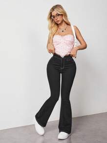 SHEIN EZwear Lace Up Side Solid Flare Leg Jeans - Black - View 4