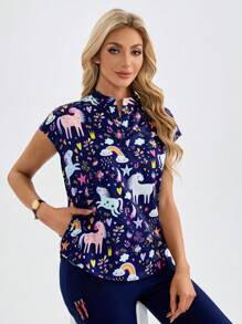 TaskEZ Conjunto uniforme de enfermera con top y pantalón estampado con diseño de unicornio de dibujos animados para mujer, conjunto de ropa de trabajo con micro-estiramiento, múltiples bolsillos, adecuado para enfermera, esteticista y otros - Multicolor - Ver 7