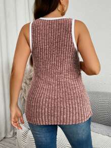 SHEIN LUNE Fall Plus Size Women Athleisure Sportswear Contrast Binding Tank Top With Ribbed Knit , Travel Airport - Dusty Pink - View 2