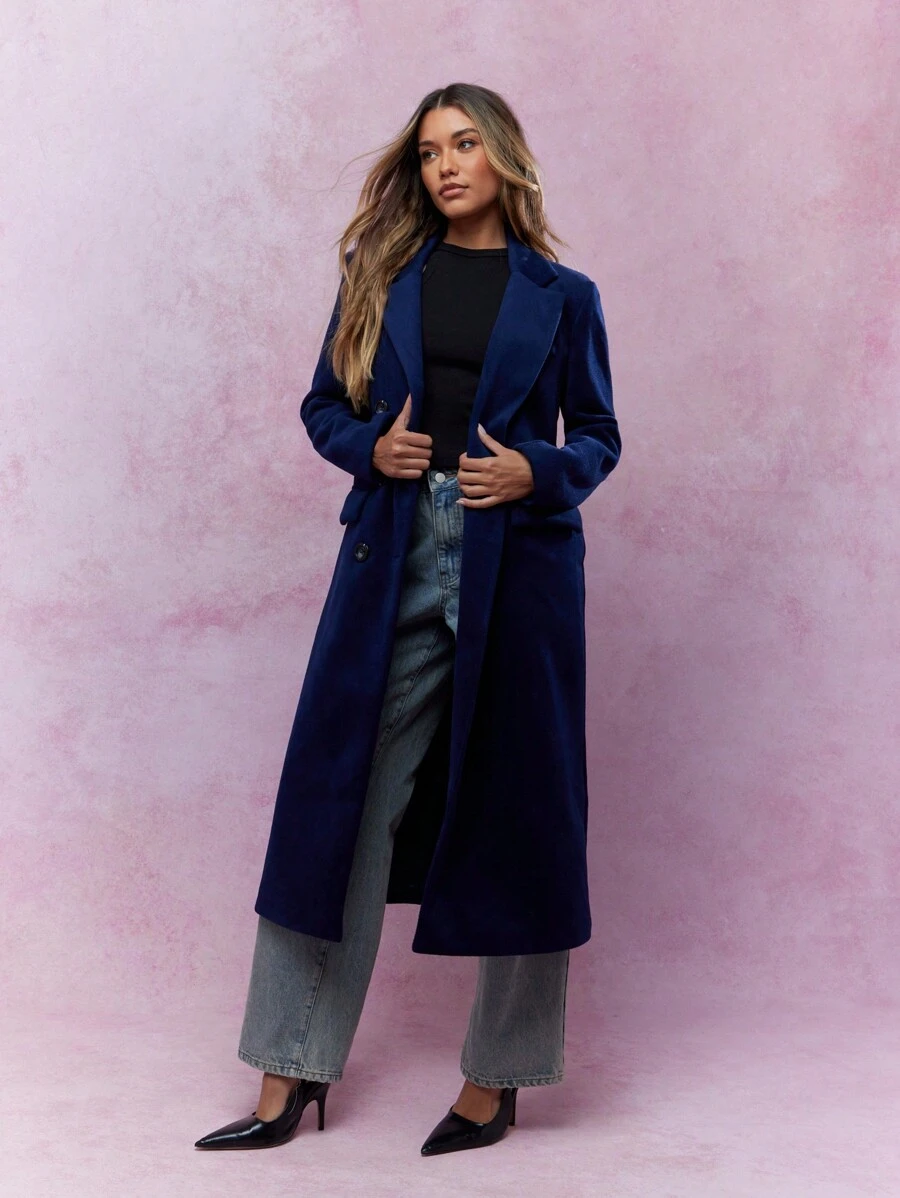 MISSGUIDED Longline Velour Double Breasted Coat Winter Wear - Navy Blue - View 1